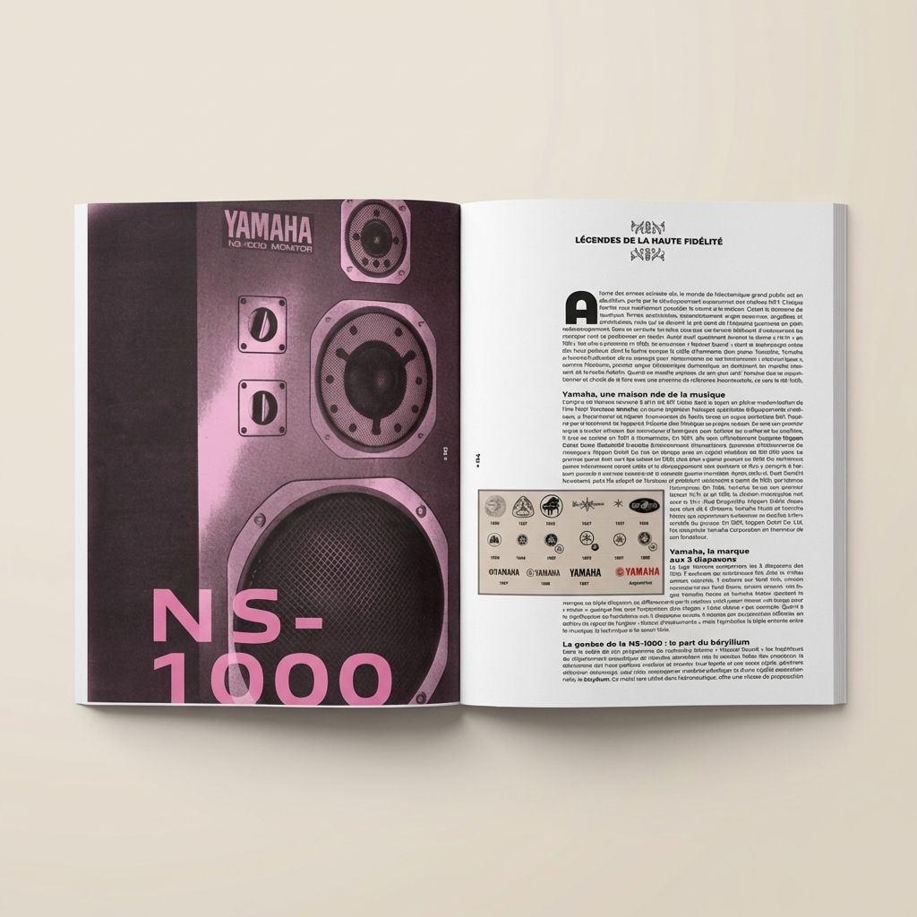 Double page intérieure consacrée à la Yamaha NS-1000 Monitor, avec la frise des logos successifs de la marque.