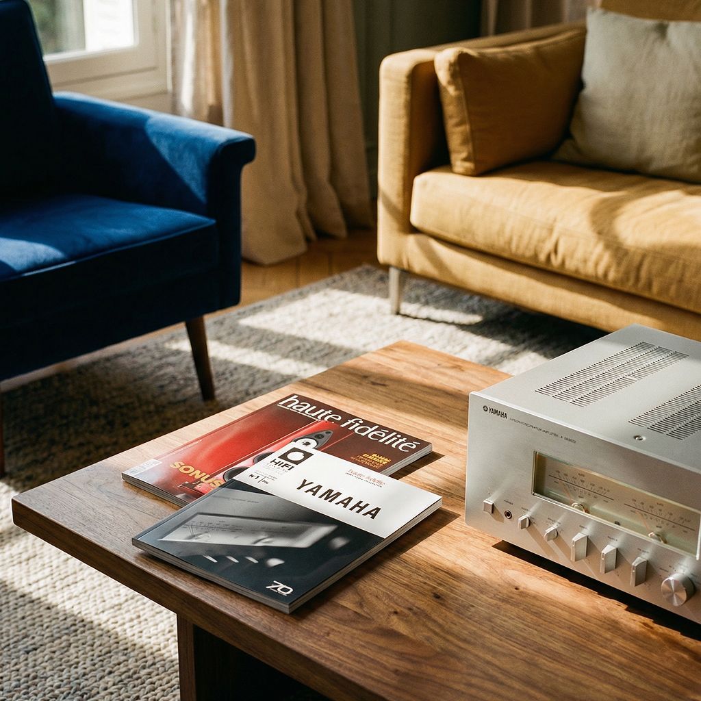 L'édition n°1 posée sur une table basse à côté d'un numéro de Haute Fidélité et d'un amplificateur Yamaha.
